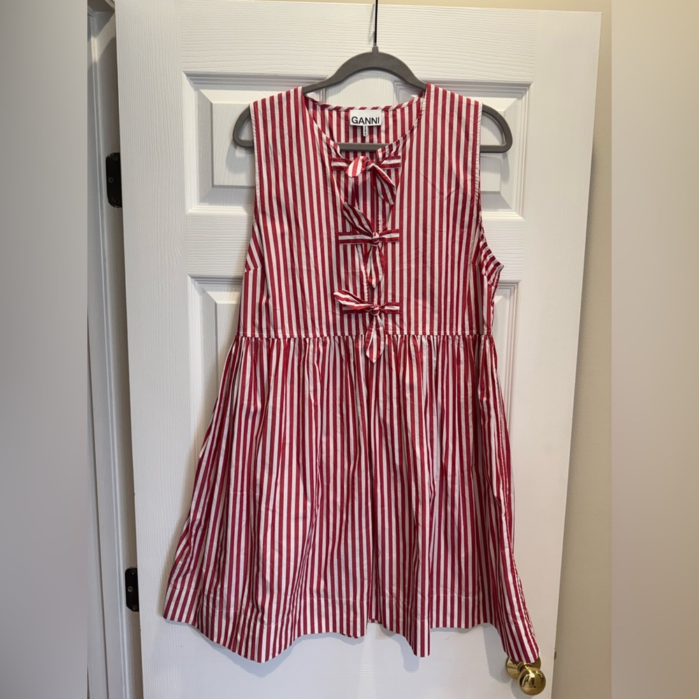 GANNI Barbados Cherry Stripe Cotton Mini Bow Tie Dress